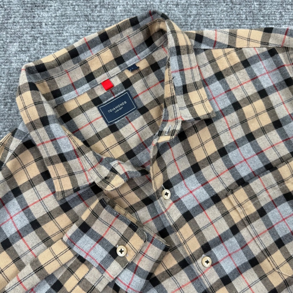 7Diamonds Button Up Large Tan Plaid Luxe Soft Long Sleeve SMKF-1003 Men's